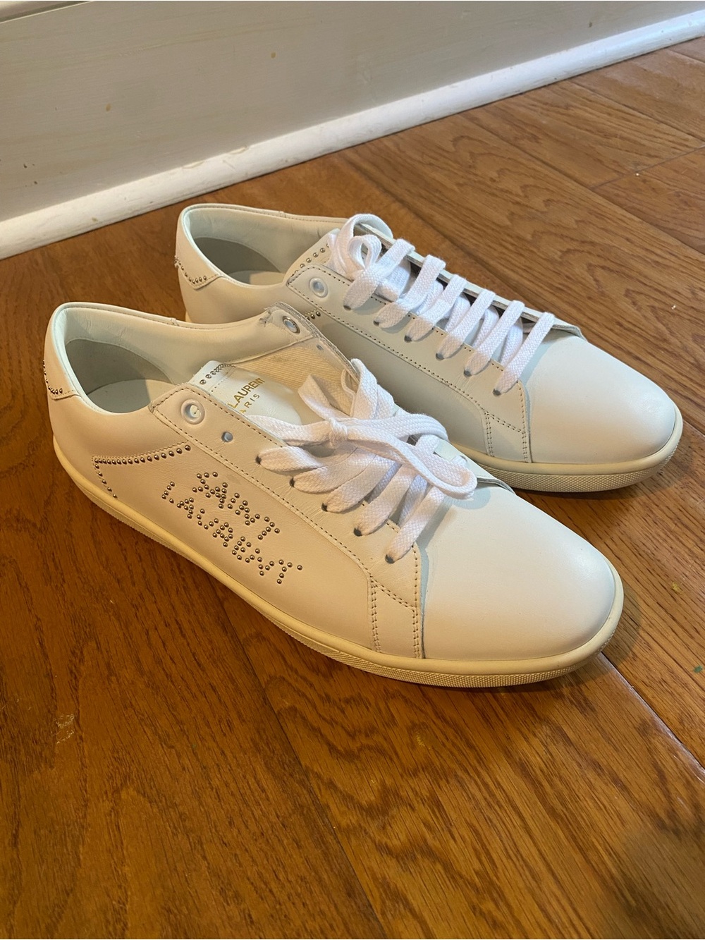 Saint Laurent White Leather Low-Top Sneakers with Stud Logo